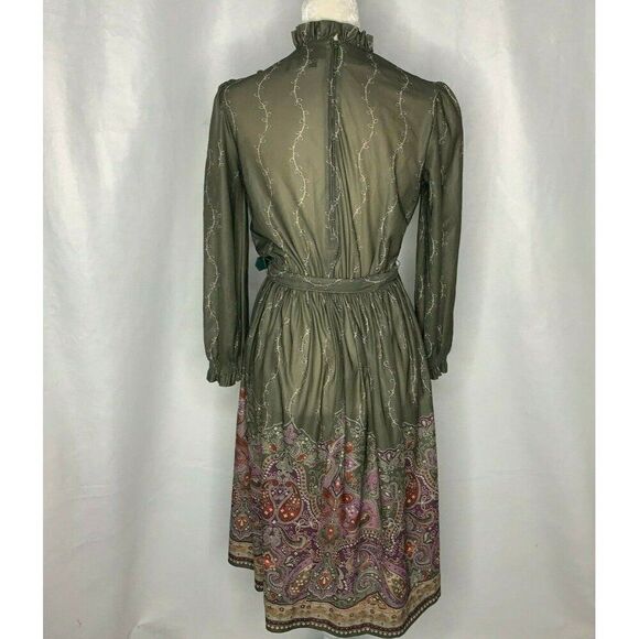 Vintage 70s Secretary Midi Dress Womens M Green Paisley Ruffle Collar Belted - Picture 7 of 9
